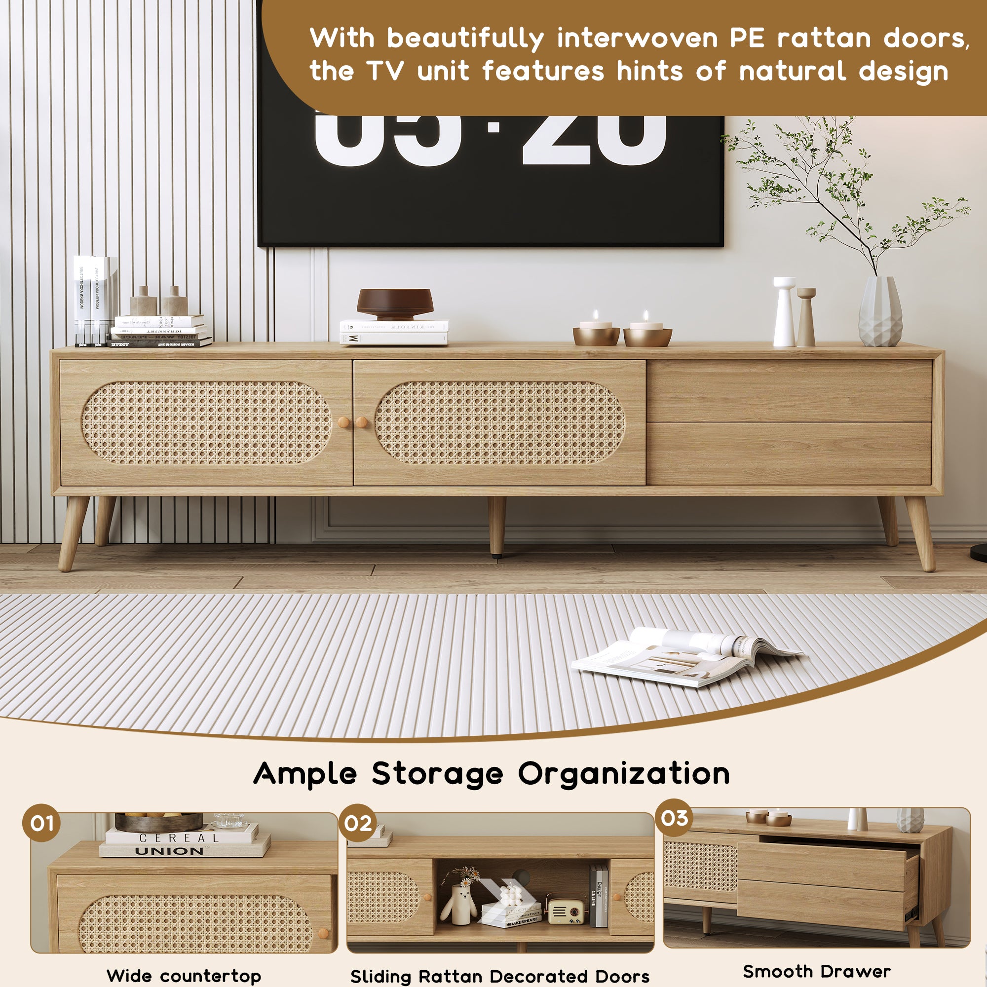 Boho TV Stand For TVs Up To 80'' , Modern Farmhouse Media Console, Entertainment Center With Solid Wood Legs, TV Cabinet For Living Room, Home Theatre