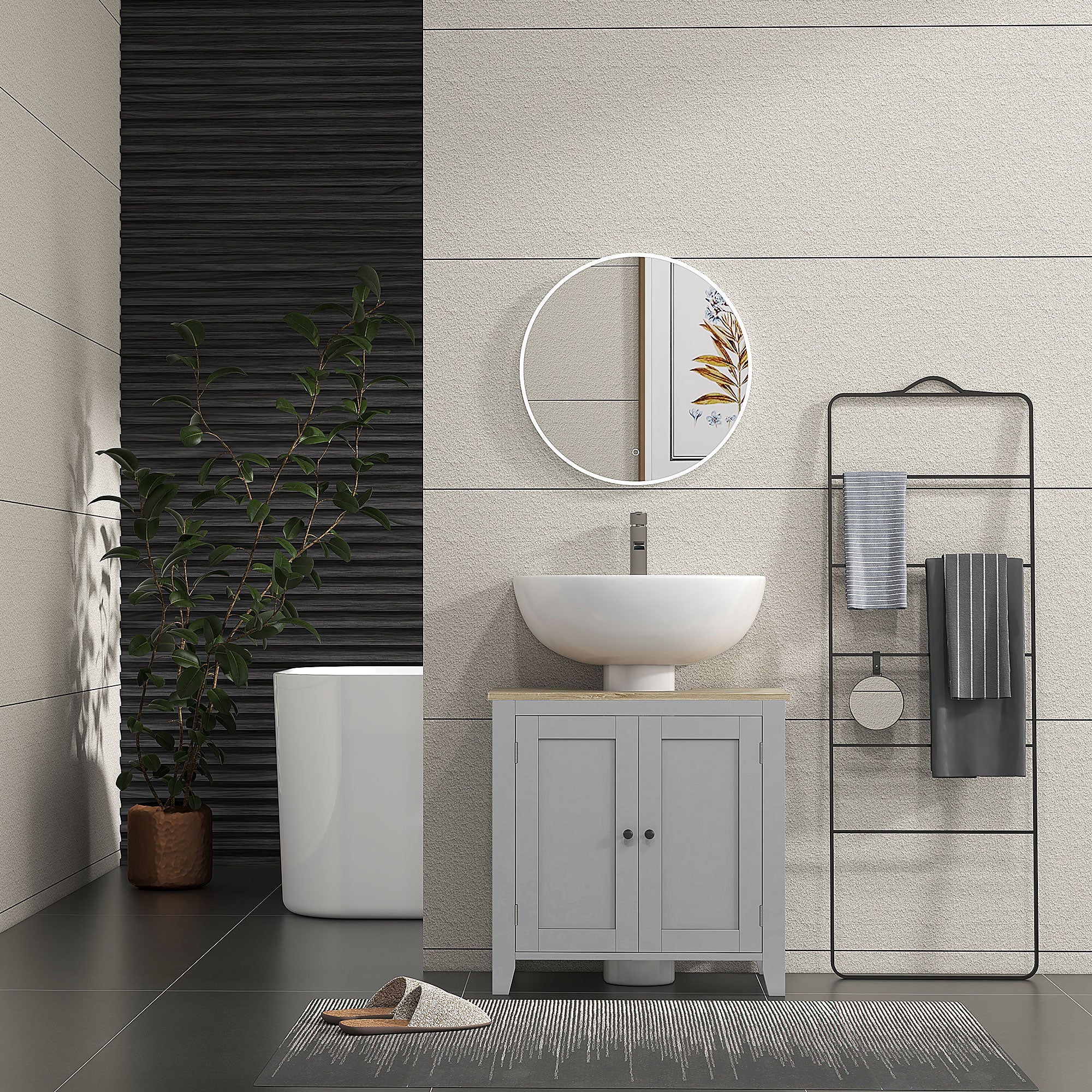 Bathroom Vanities, Pedestal Sink Cabinet with U-Shaped Cut-out and Adjustable Shelf, Gray