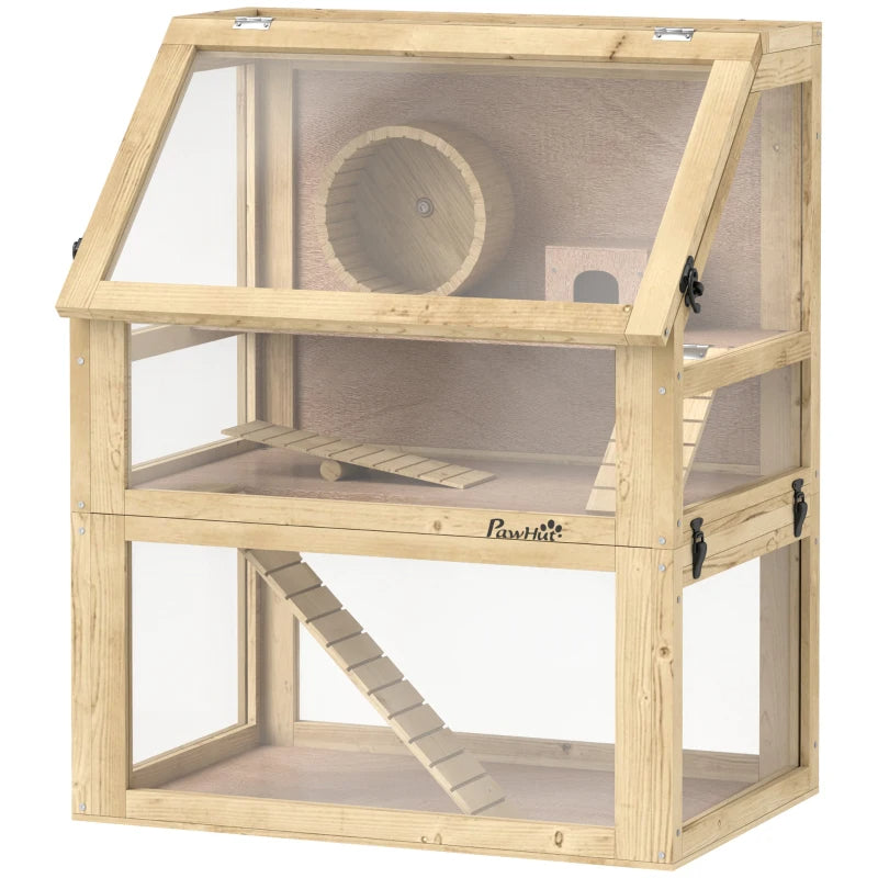 3 Tier Wooden Hamster Cage W Detachable Bottom, Hut, Seesaw, Exercise Wheel, Ramps