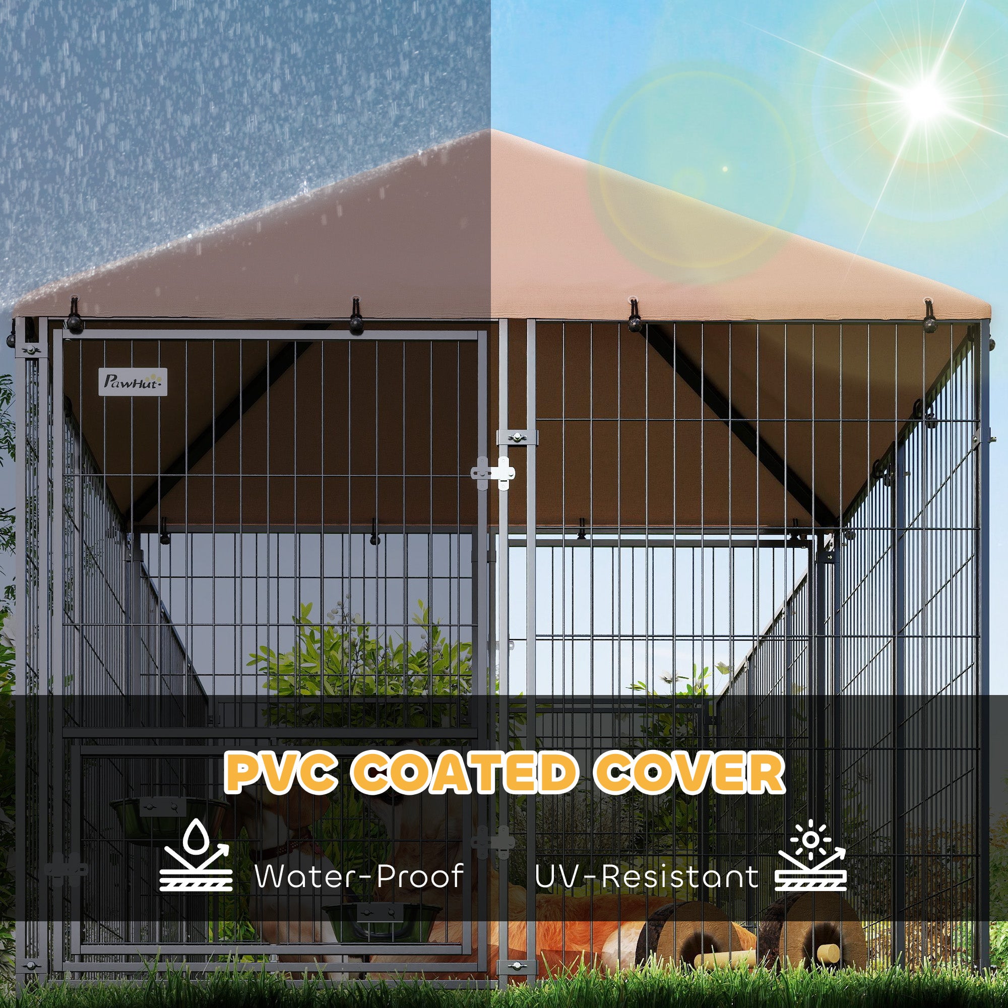 Large Outdoor Dog Kennel With Rotating & Adjustable Height Bowls, Waterproof & UV-Resistant Canopy, 11.3 X 4.7 X 5.1