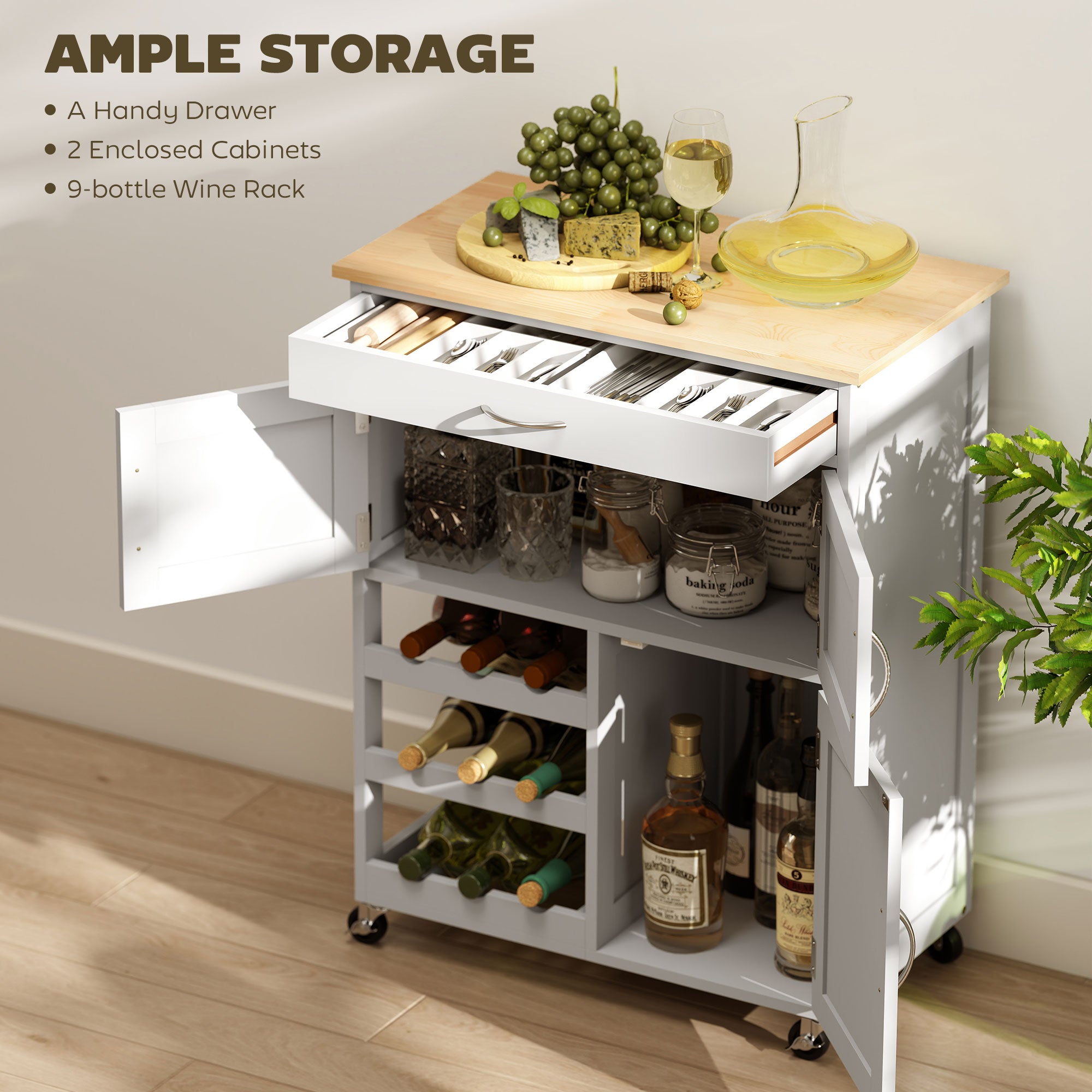 Rolling Kitchen Cart, Kitchen Island with Storage Drawer, 9-bottle Wine Rack, Door Cabinets, Wooden Countertop, White