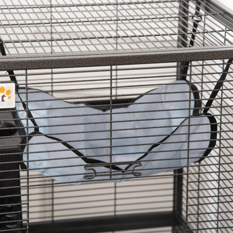 PawHut Metal Small Animal Cage Rolling Big Ferret Cage, Chinchilla Cage, Sugar Glider Cage, With Hammock & 4 Tiers, Removable Tray, Gray