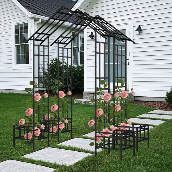 Metal Garden Arch With Adjustable Width W68.11''~W94.29''  Climbing Plants Support Rose Arch Outdoor Black