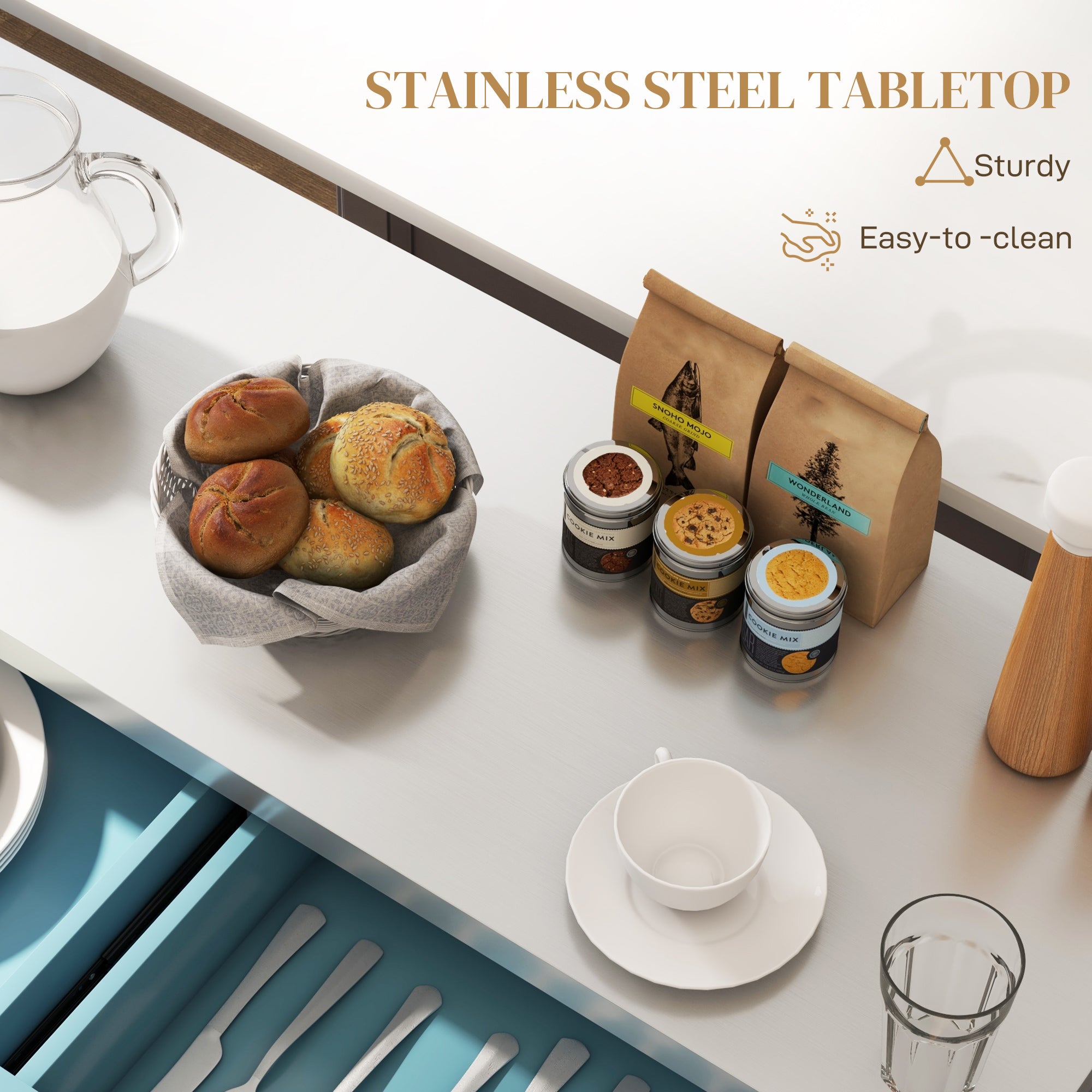 Rolling Kitchen Island with Stainless Steel Top, 2 Drawers, Spice, Knife and Towel Rack and Cabinets, Teal Blue