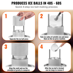 Ice Ball Press, 2.4' Ice Ball Maker, Aircraft Al Alloy Ice Ball Press Kit For 60mm Ice Sphere, Ice Press With Tong And Drip Tray, For Whiskey, Cocktail, Bourbon, Scot On Party & Holiday, Silver