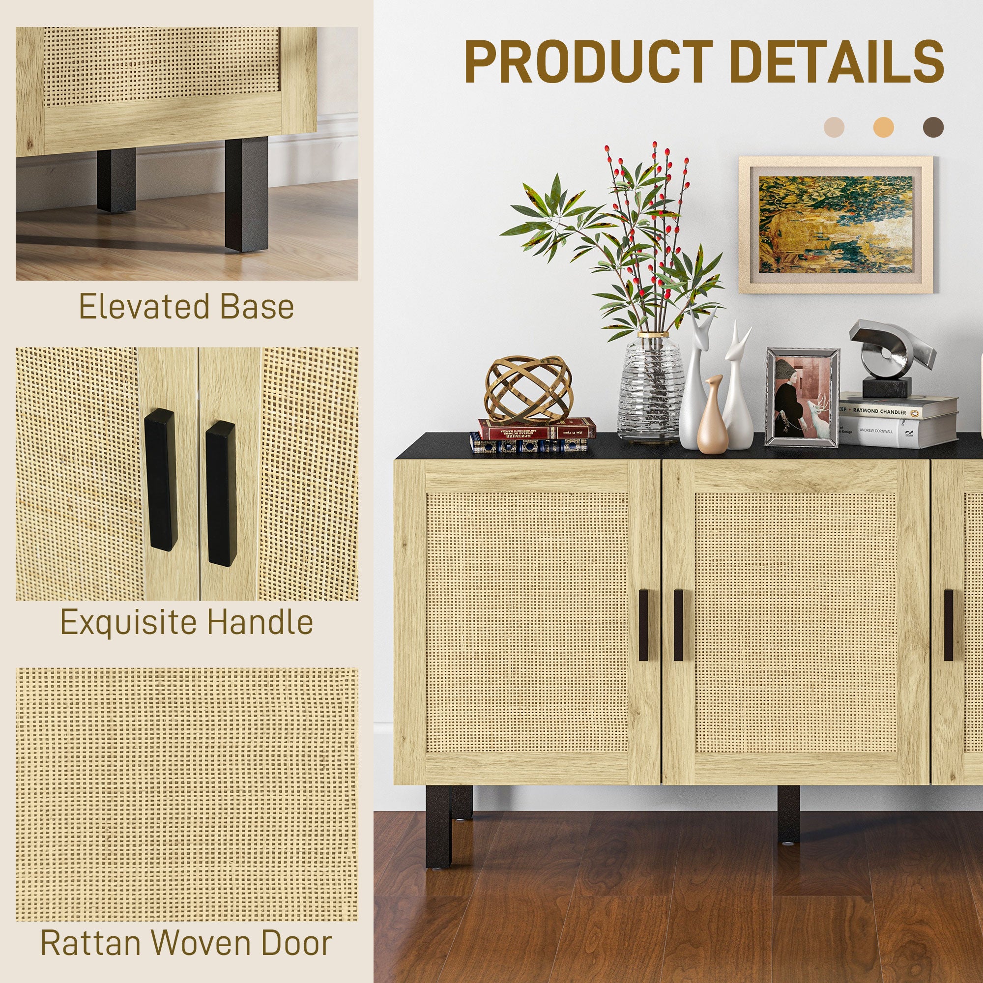 Boho Kitchen Cabinet, Buffet Cabinet with 3 Rattan Doors and Adjustable Shelves for Dining Room, Black and Natural