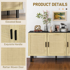 Boho Kitchen Cabinet, Buffet Cabinet with 3 Rattan Doors and Adjustable Shelves for Dining Room, Black and Natural