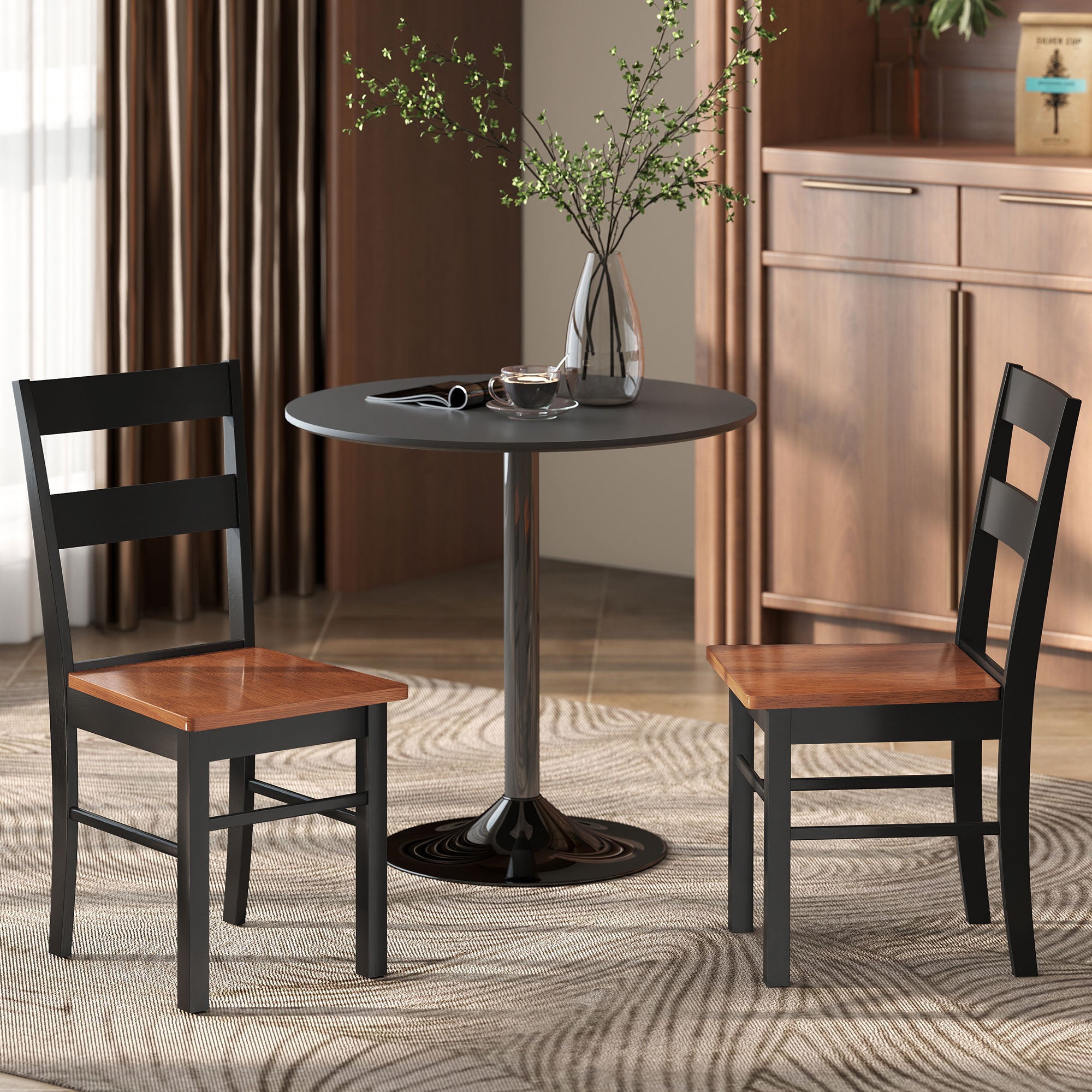 Farmhouse Dining Table Chairs, Set of 2 Rubber Wood Kitchen Table Chairs with Open Back for Living Room, Black