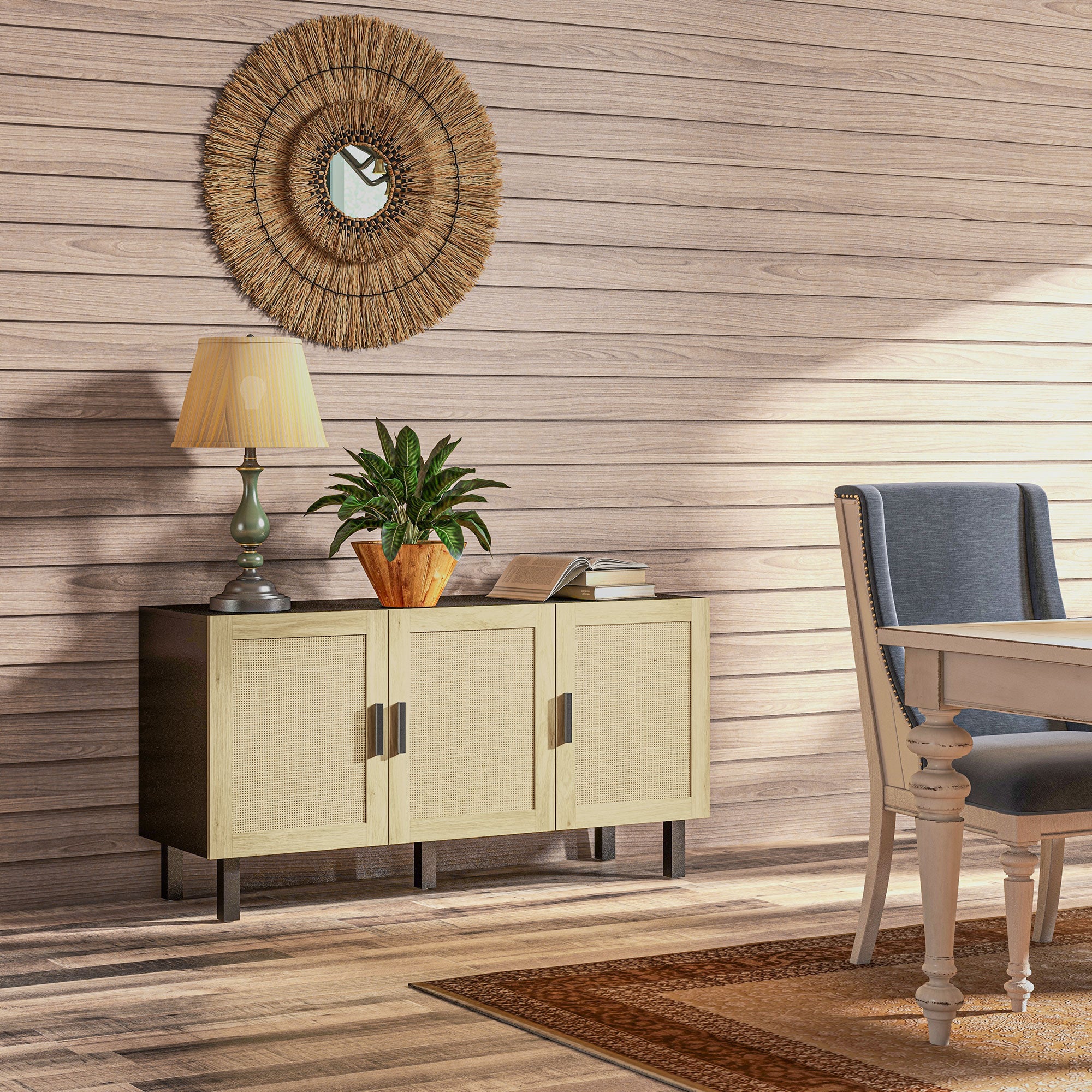 Boho Kitchen Cabinet, Buffet Cabinet with 3 Rattan Doors and Adjustable Shelves for Dining Room, Black and Natural