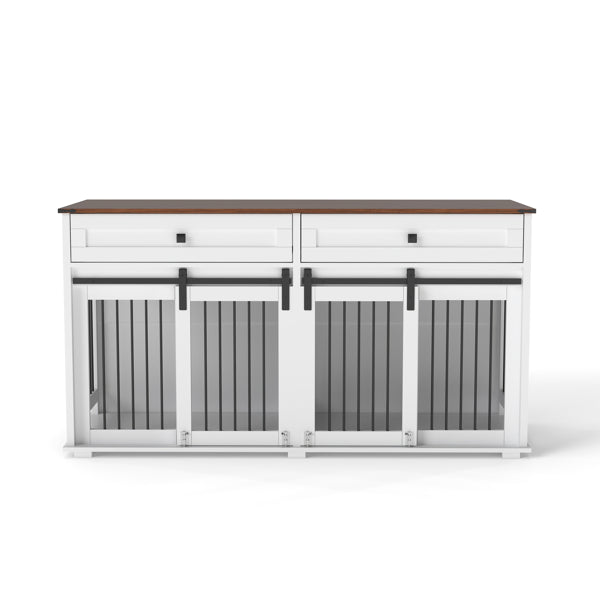 63'' Large Dog Crate Furniture For Double Dog, Wooden Dog Kennel With 2 Drawers,Divider And Sliding Door, Water Resistant Indoor Pets Furniture Style Double Dog Crates