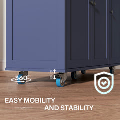 Kitchen Island on Wheels with Drop Leaf, Charging Station, Rolling Kitchen Cart with Wood Top, Adjustable Shelf, Blue