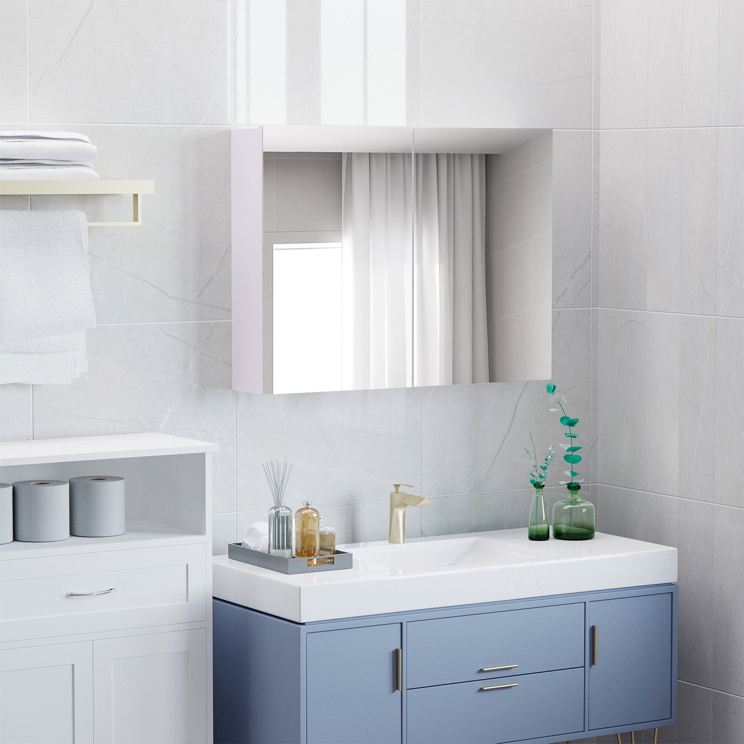 Double Door Wall Mounted Bathroom Mirror, 31.5" x 23.5" Medicine Cabinet with Modern Design, Large Storage, & Quiet Hinges