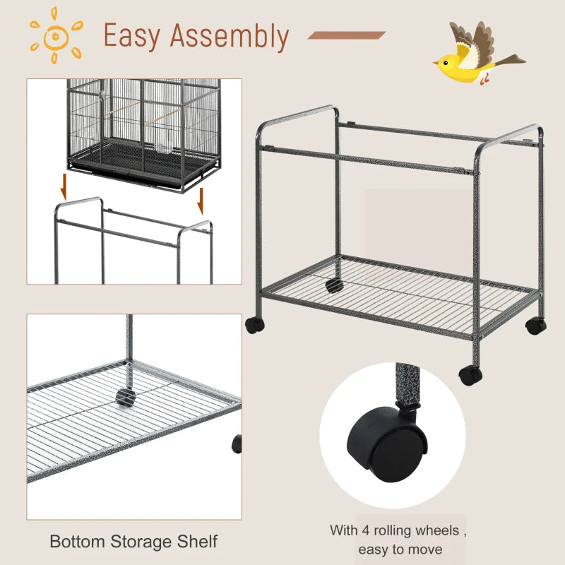 Rolling Metal Bird Cage Feeder With Detachable Rolling Stand, Storage Shelf, Wood Perch & Food Container