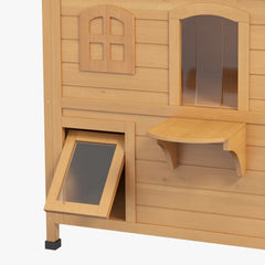 2-Story Wooden Outdoor Cat House Feral Shelter With Escape Door Asphalt Roof 4 Platforms Natural