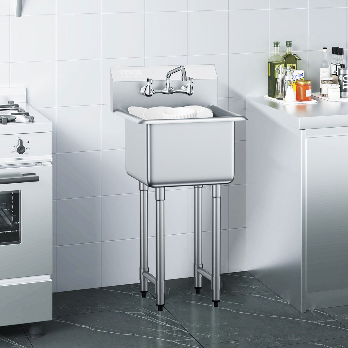 Stainless Steel Prep & Utility Sink, 1 Compartment Free Standing Small Sink Include Faucet & Legs, 18"x41" Commercial Single Bowl Sinks For Garage, Restaurant, Kitchen, Laundry