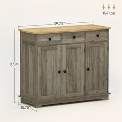 Kitchen Storage Cabinet, Sideboard Floor Cupboard with Solid Wood Top, Adjustable Shelf, and 3 Drawers, Distressed Gray