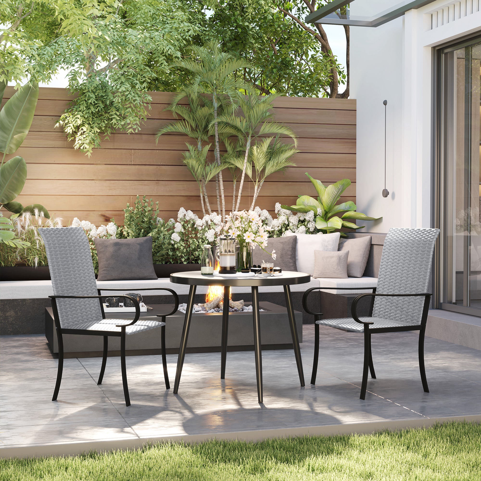 Set of 2 Outdoor Wicker Dining Chairs with Armrest, Steel Frame, High Back and Deep Seating, Gray