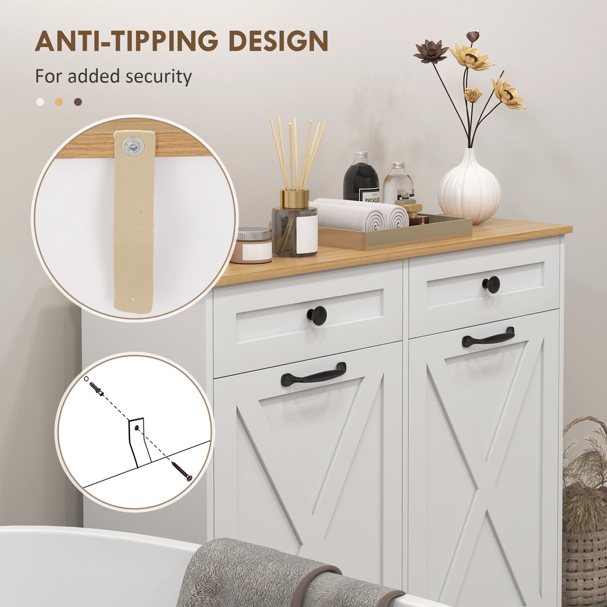 Tilt Out Laundry Hamper Cabinet, Bathroom Storage Cabinet with 2 Removable Baskets and 2 Drawers, White