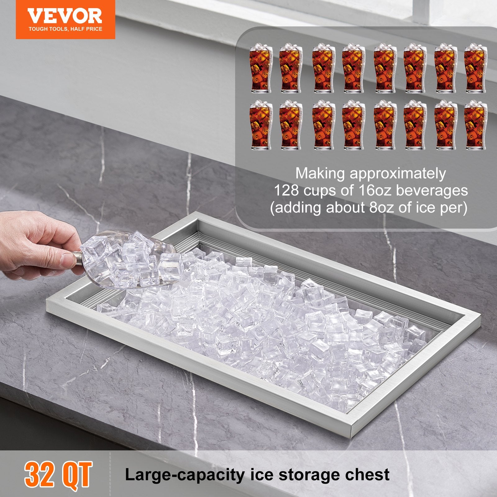 Drop In Ice Chest, 20'L X 14'W X 12'H Stainless Steel Ice Cooler, Commercial Ice Bin With Cover, 40 Qt Outdoor Kitchen Ice Bar, Drain-pipe And Drain Plug Included, For Cold Wine Beer