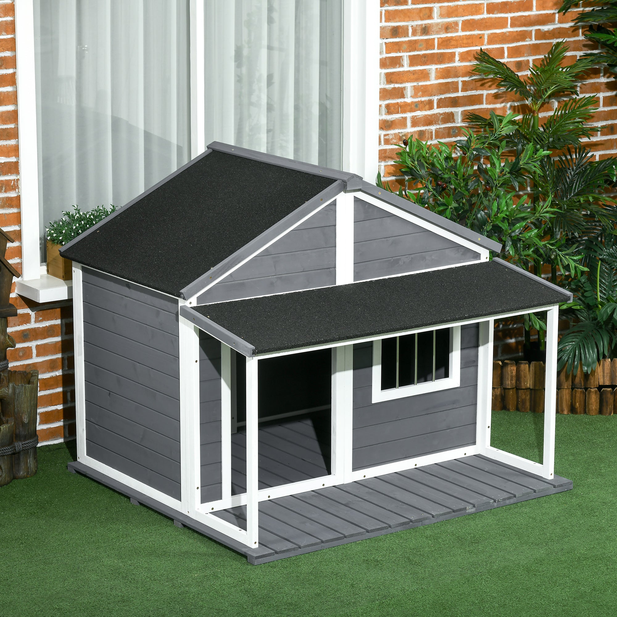Outdoor Cabin Style Dog House, Medium Dogs, 53 lbs, Gray