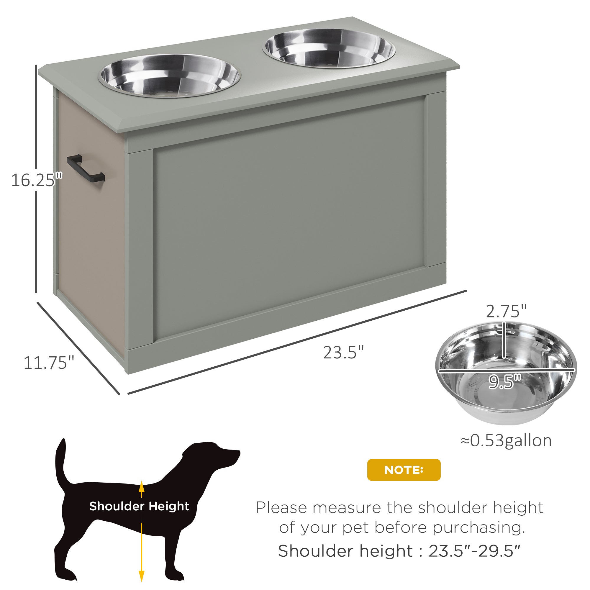 Raised Pet Feeding Storage Station with 2 Stainless Steel Bowls Base for Large Dogs and Other Large Pets, Gray