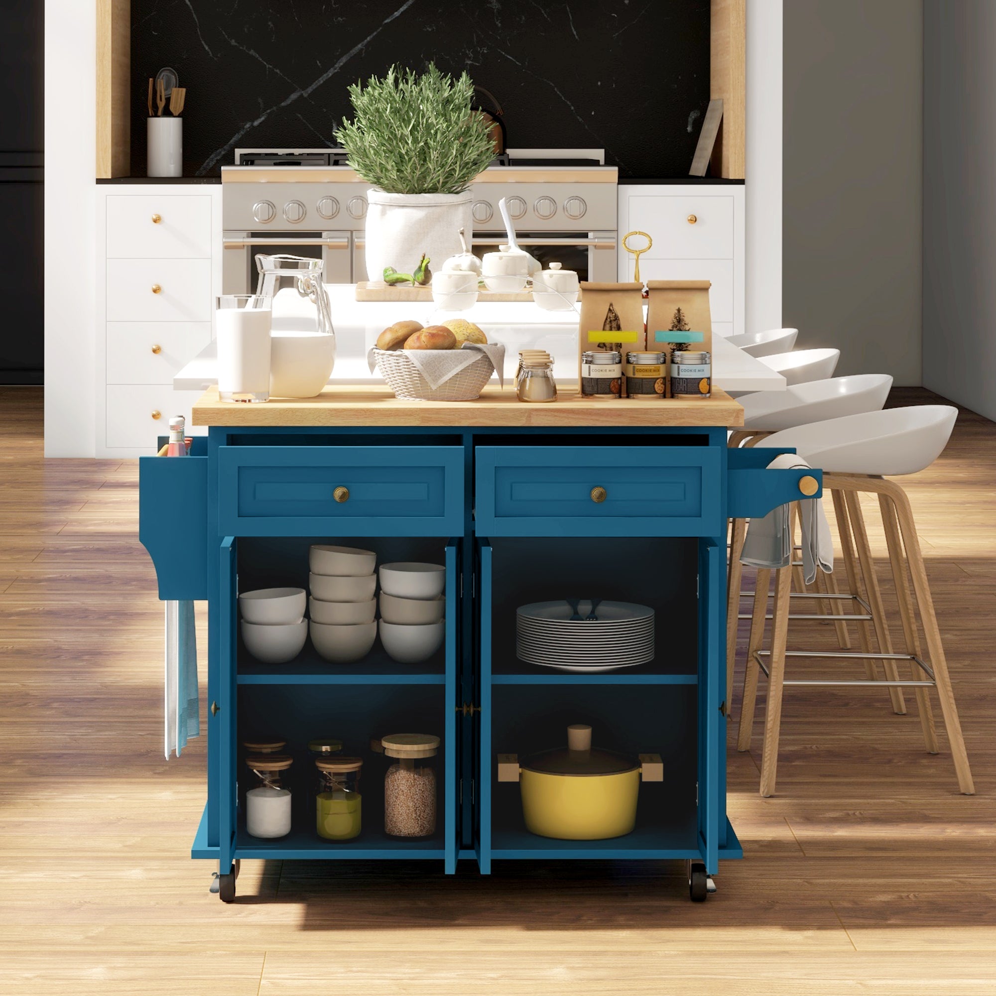 Kitchen Island on Wheels, Rolling Cart with Rubberwood Top, Spice Rack, Towel Rack and Drawers, Turquoise