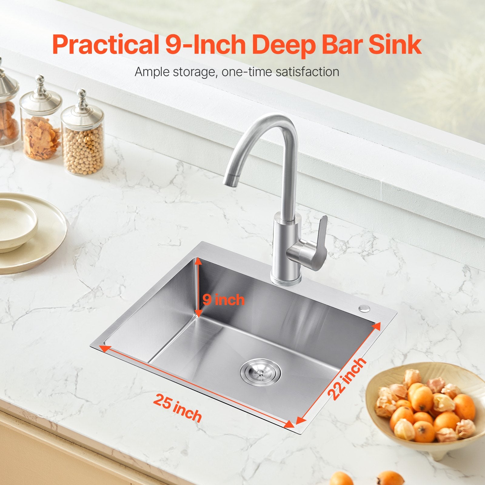 25' Kitchen Sink Top Mount Single Bowl Drop-In Basin Stainless Steel Bar