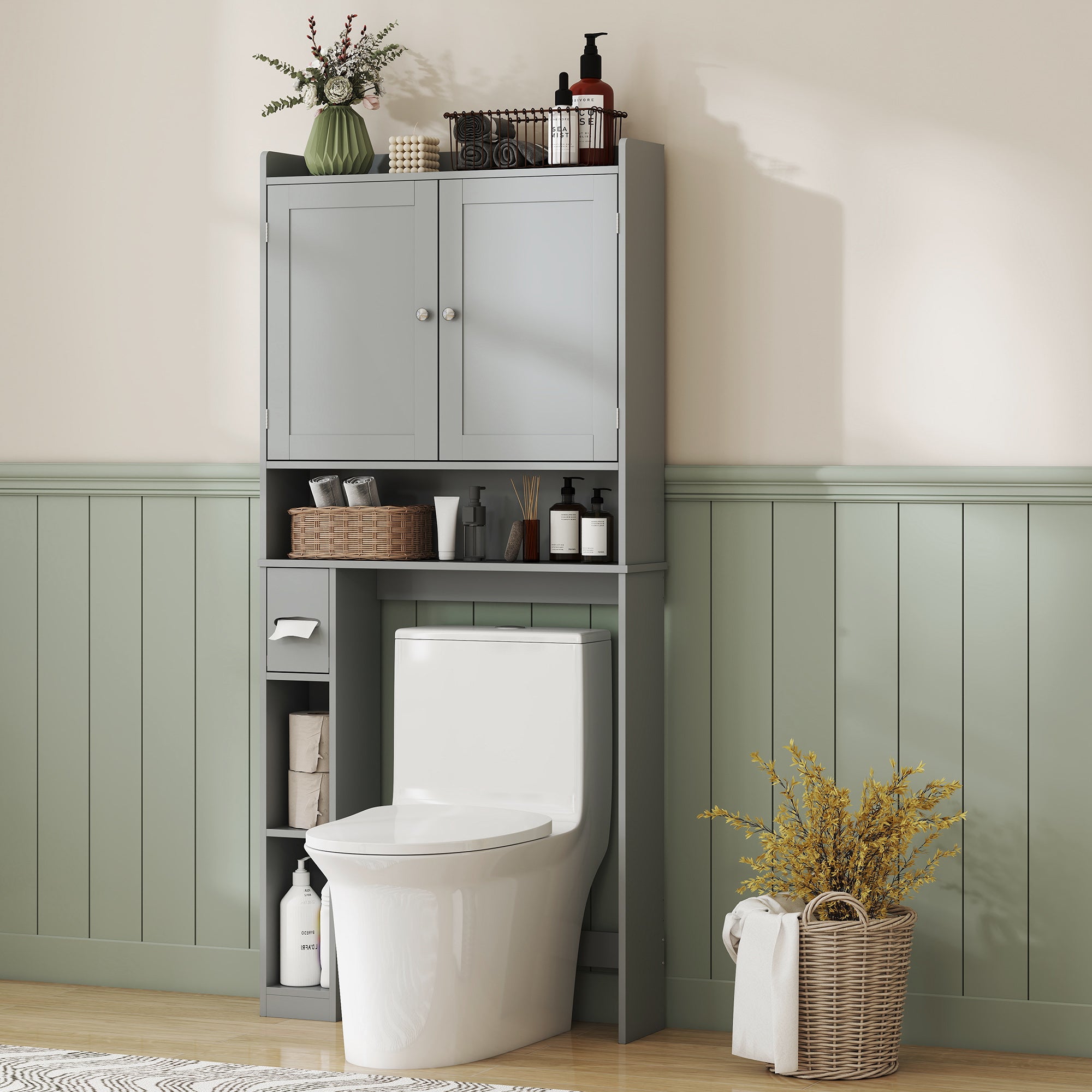 Modern Over the Toilet Storage Cabinet with 2 Doors, Above Commode Storage Cabinet with Toilet Paper Holder, Gray