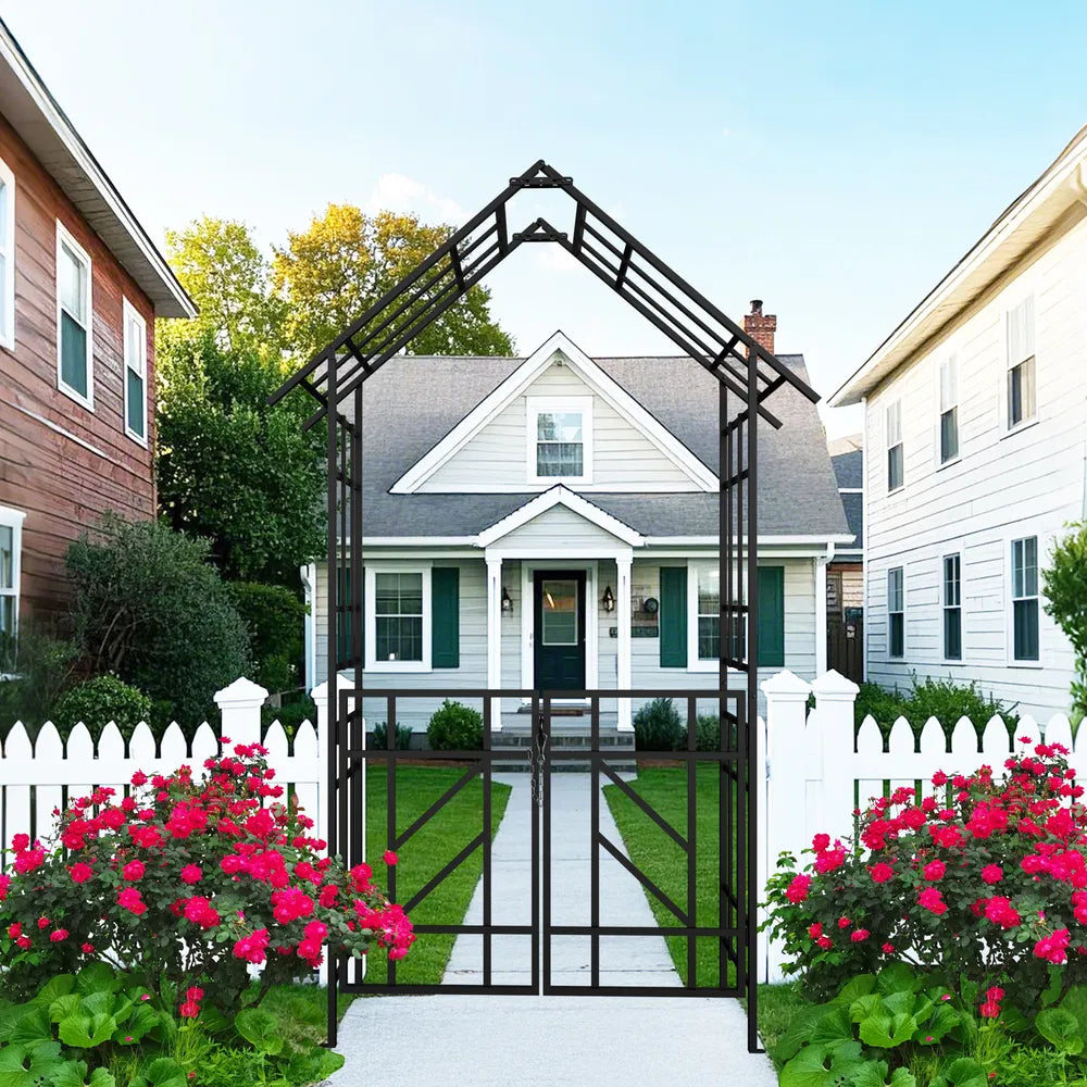 Metal Garden Arch With Gate W58.07*H97.24 Climbing Plants Support Rose Arch Outdoor Black