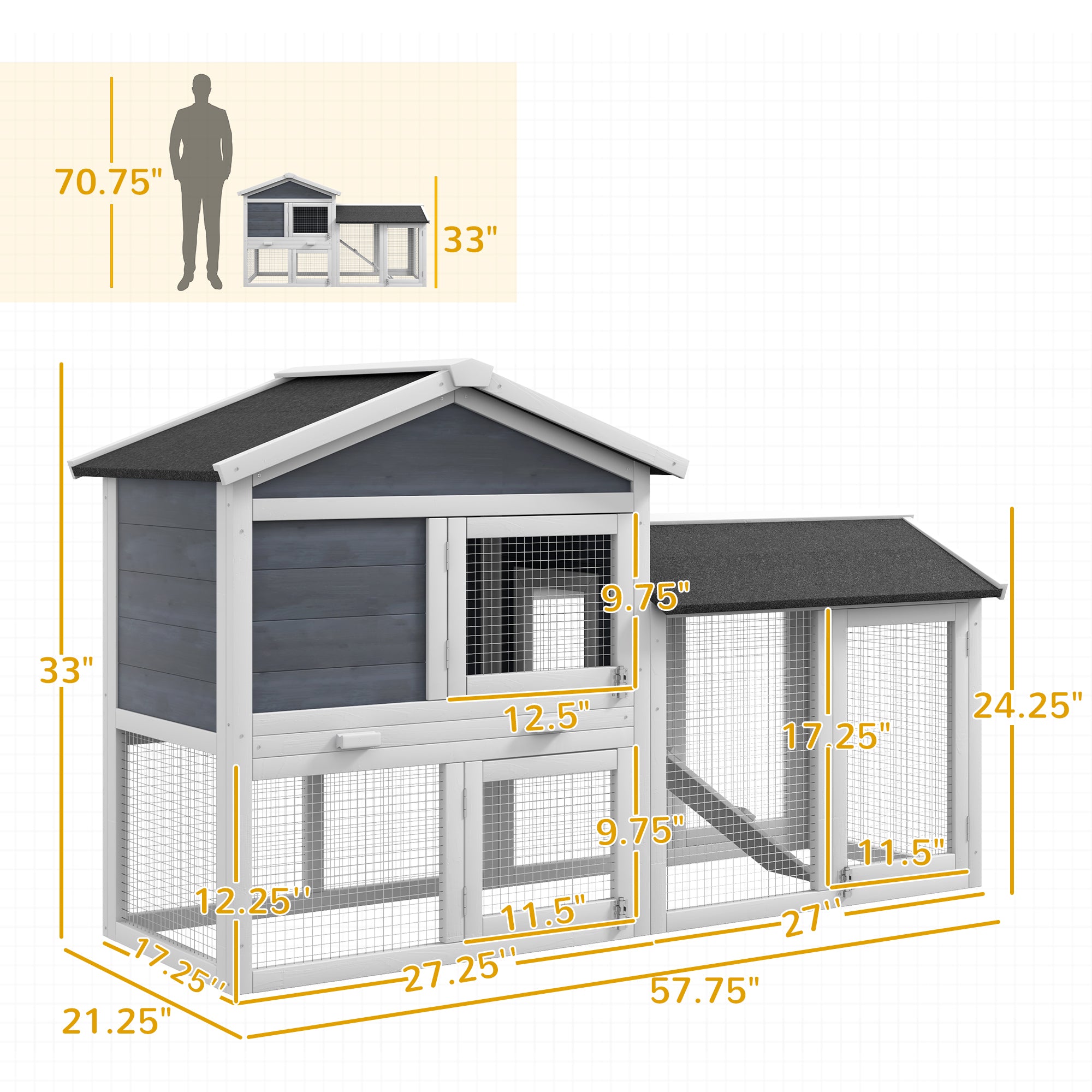 58" Wooden Rabbit Hutch with Run, Removable Tray, Asphalt Roof,  Lockable Doors and Ramp, Gray