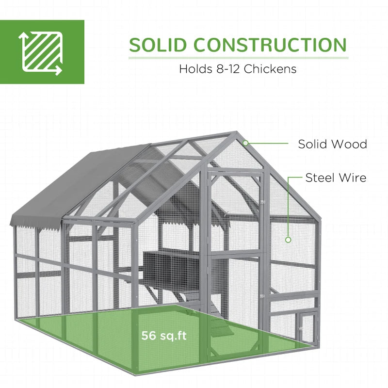 Large Chicken Coop With Nesting Box, Water-Resistant And Anti-UV Cover For 8-12 Chickens, Gray