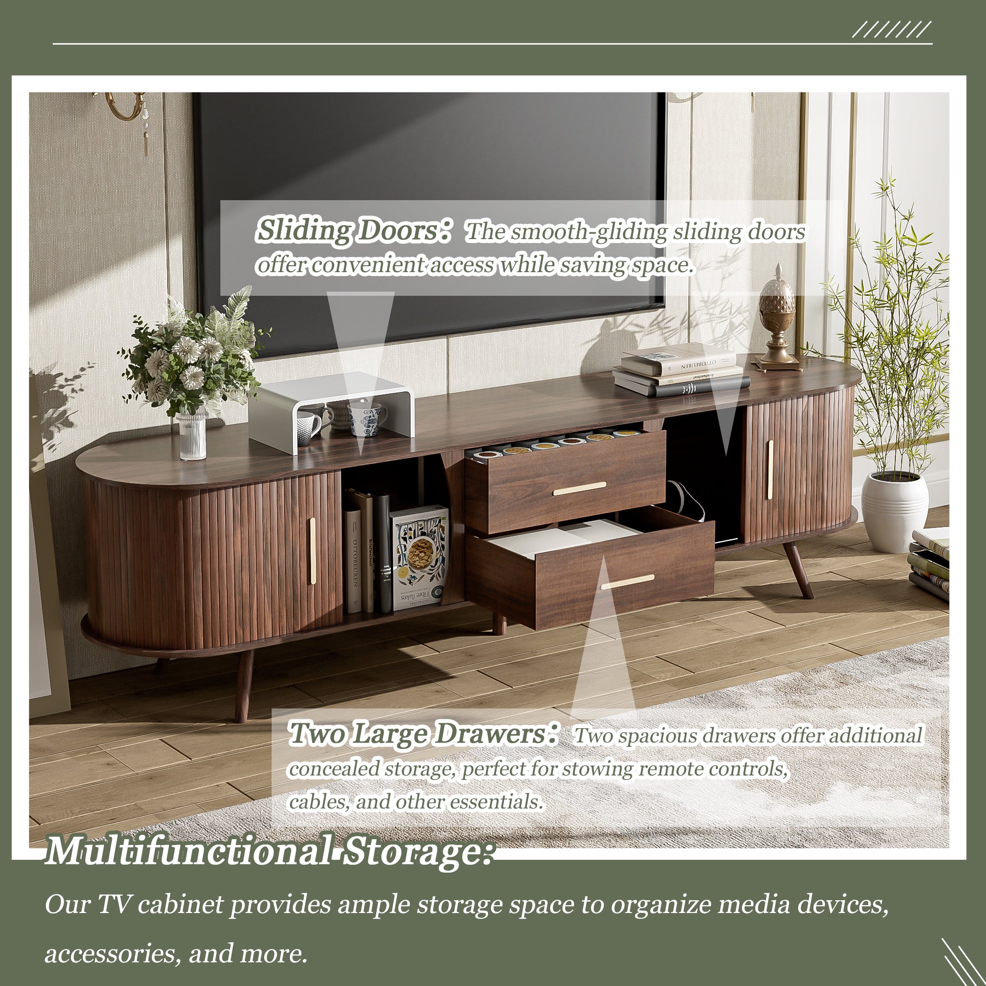 Mid-Century Modern TV Stand For 80  TV, Entertainment Center With Storage For Living Room, Bedroom, Media Console Table With 2 Drawers
