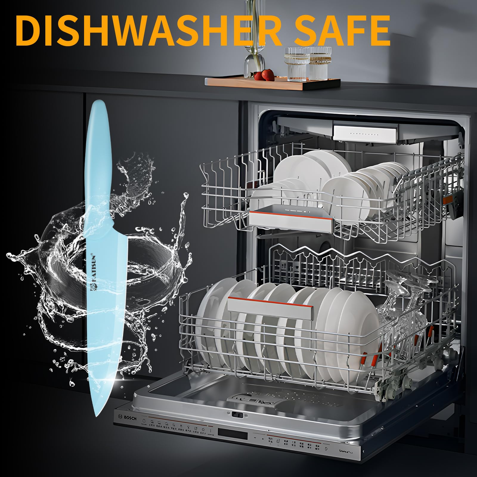 Kitchen Knife Set With Block, 14 Piece BLUE Non-Stick Paint Coating Stainless Steel Knives Set, Anti-Rust And Dishwasher Safe, 12 Knives With Kitchen Shears And Block