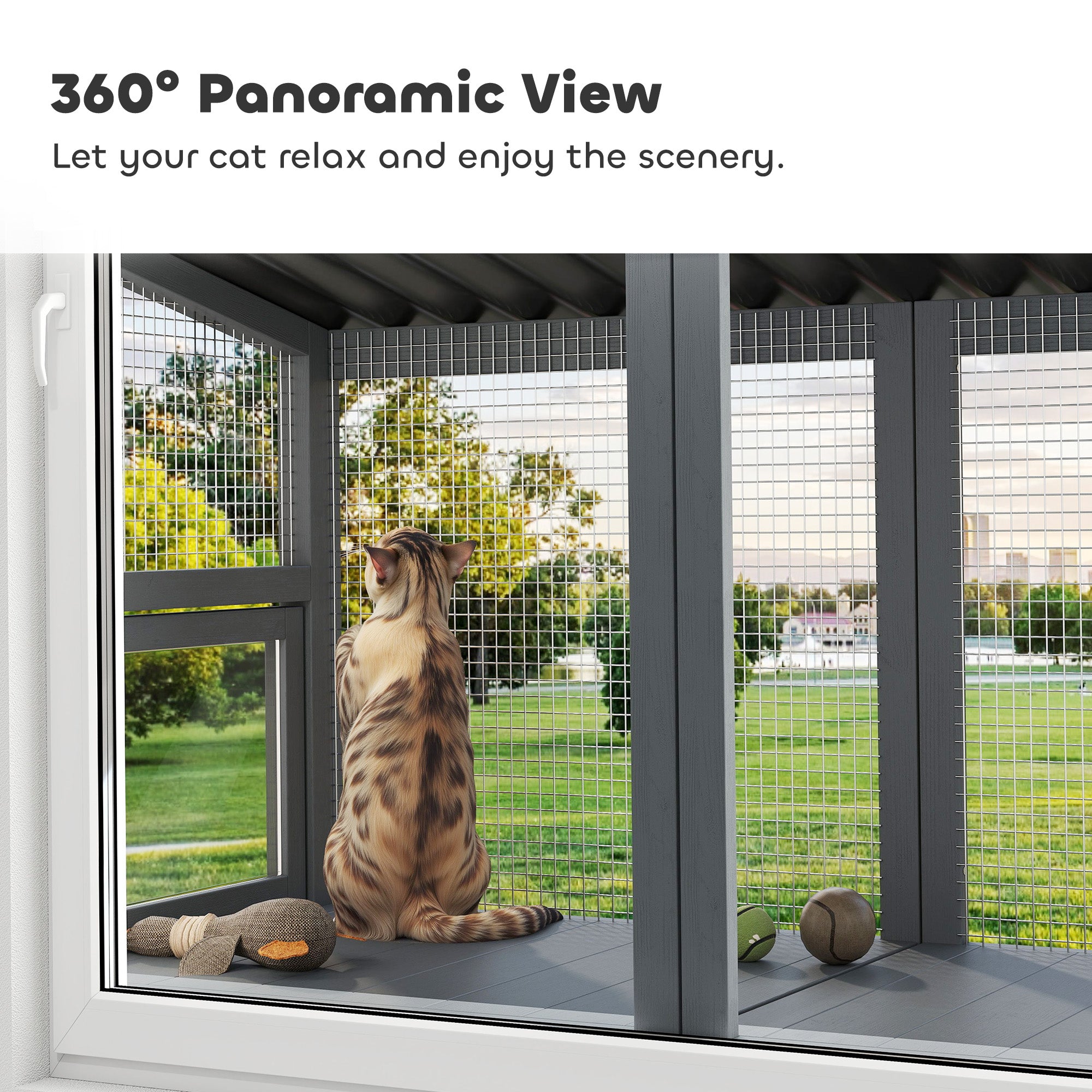 Wooden Cat Catio, Outdoor Cat Enclosure Window Perch With Jumping Platform, For Safely Enjoying Outdoor Sights, Gray