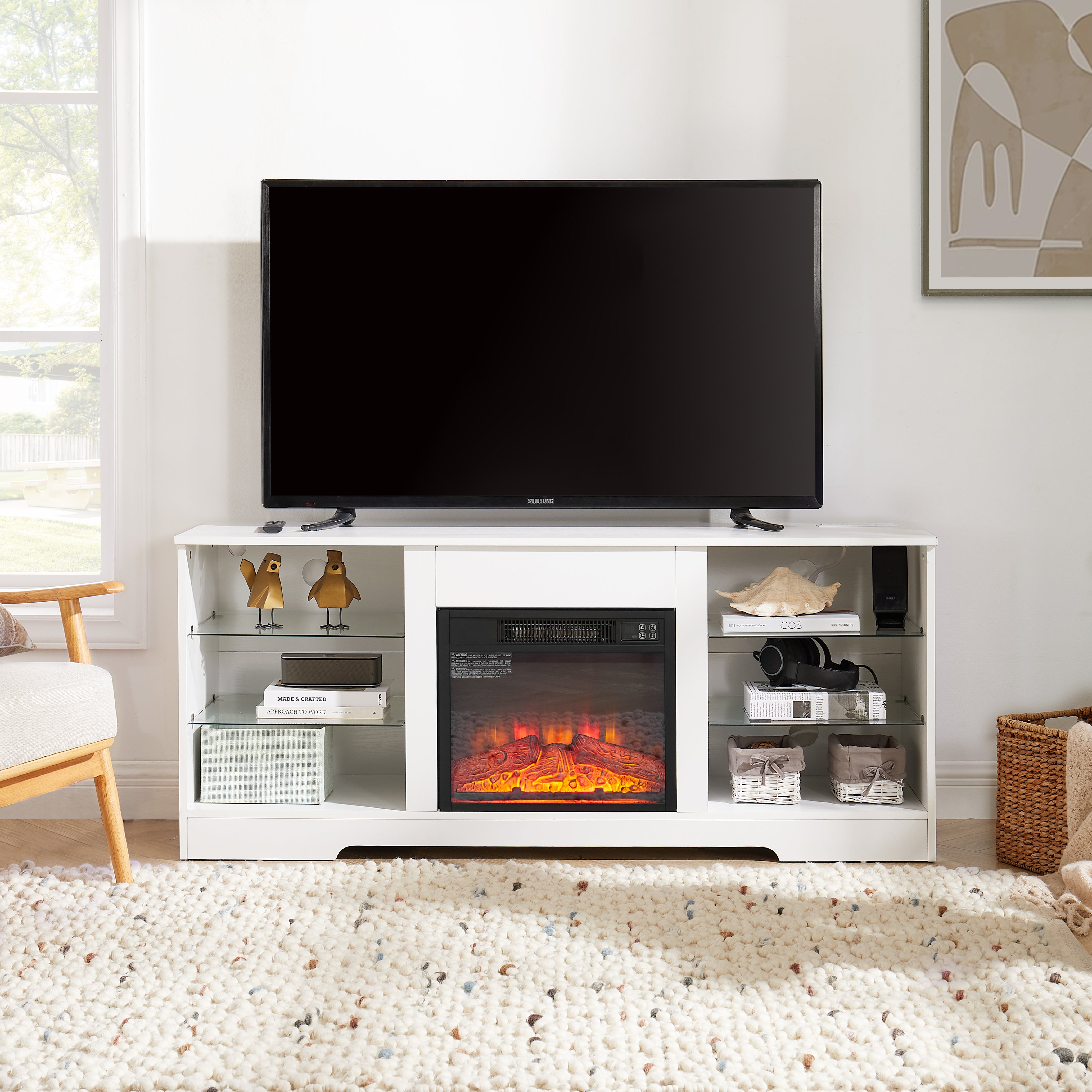 TV Stand Electric Fireplace  Glass Shelves, 3D Fireplace TV Stand With LED Lights Wood With USB Charging Outlet Modern Television Table Center For TV Up To 62 White, 58Wx15.5Dx24.4