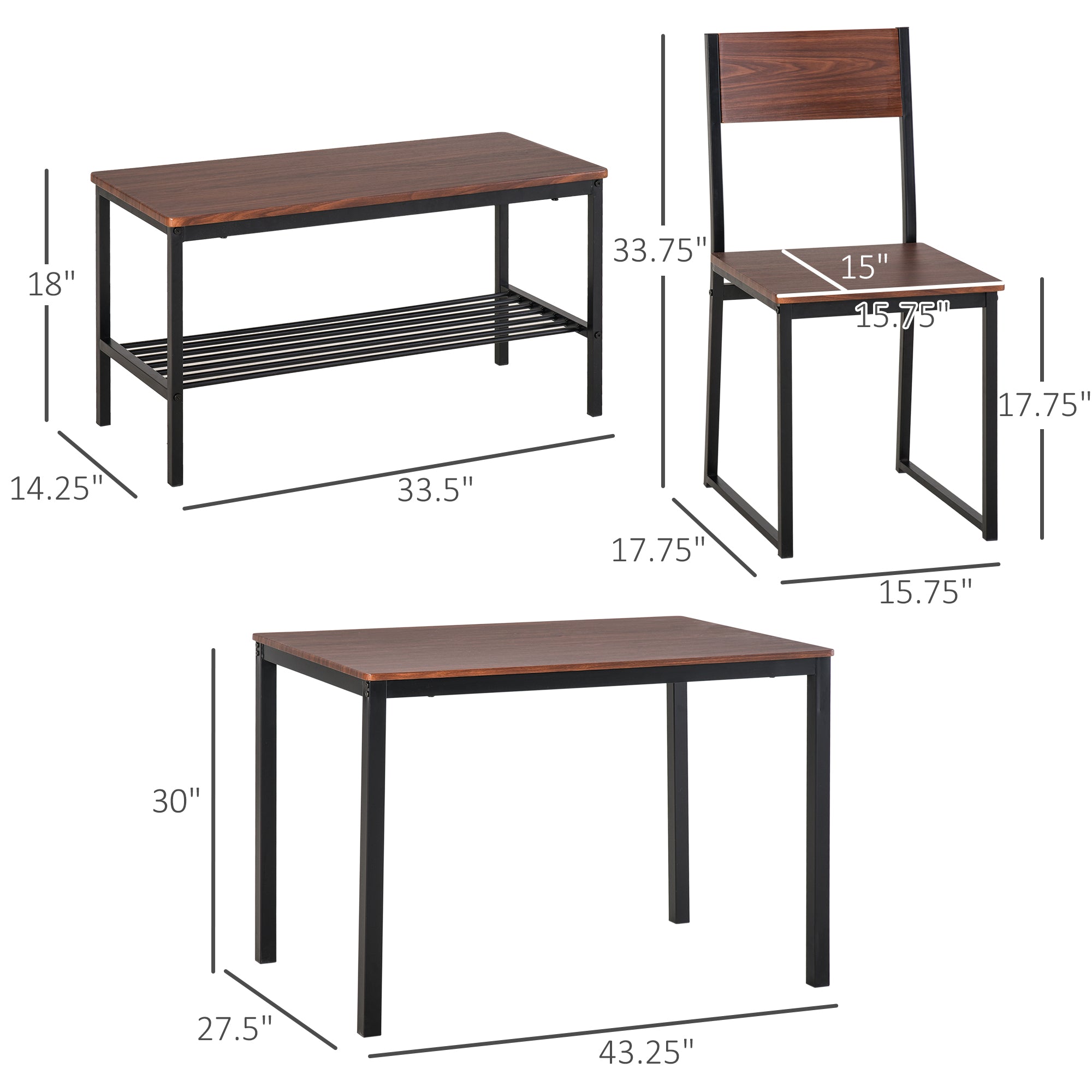 Industrial 4 Piece Dining Room Table Set with Bench Wooden Kitchen Table and Chairs w/ Storage Rack for Kitchen, Dinette, Rustic Brown/Black