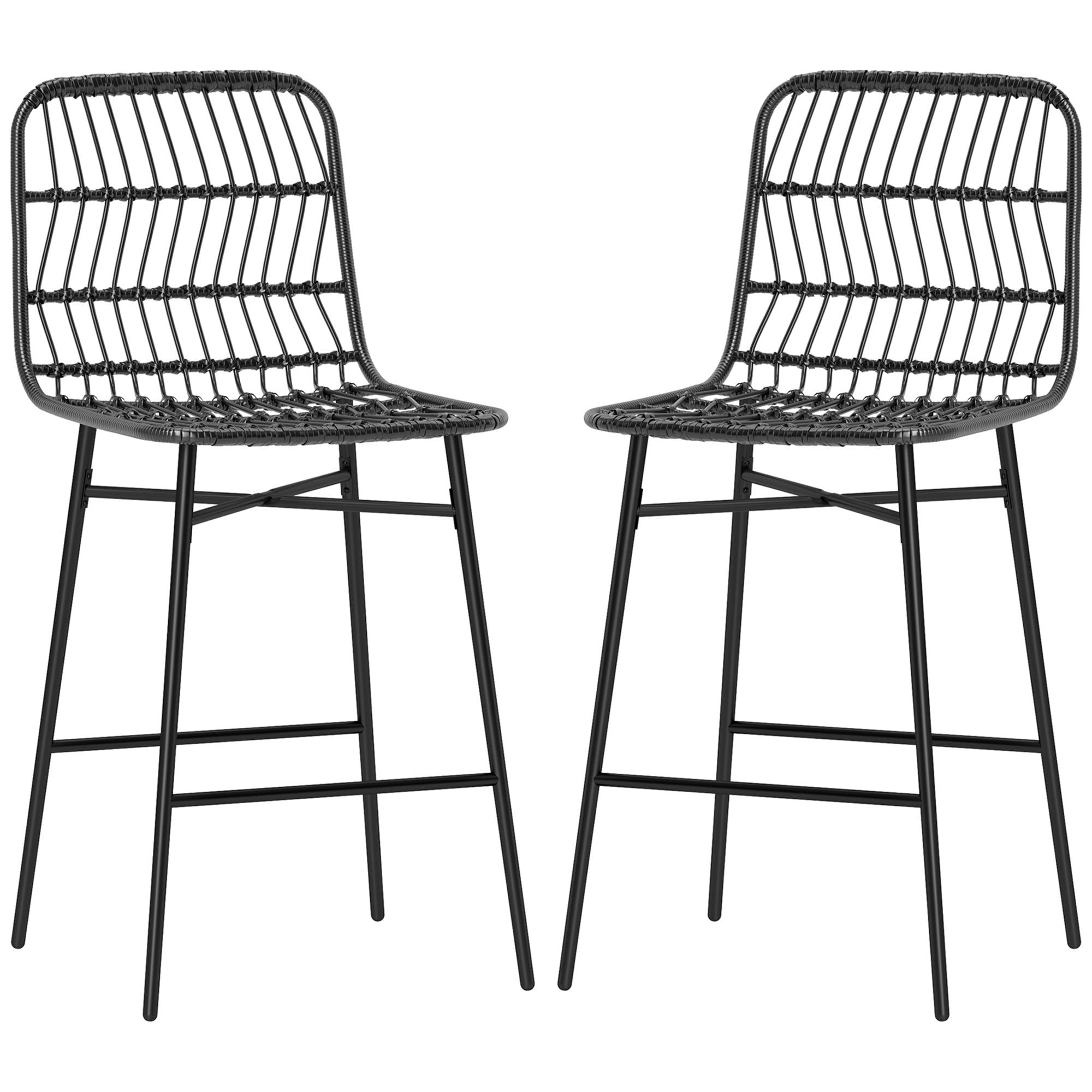 Rattan Counter Bar Stools Set of 2, 26" Counter Height Barstools with Back, Bar Chairs for Kitchen Island, Black