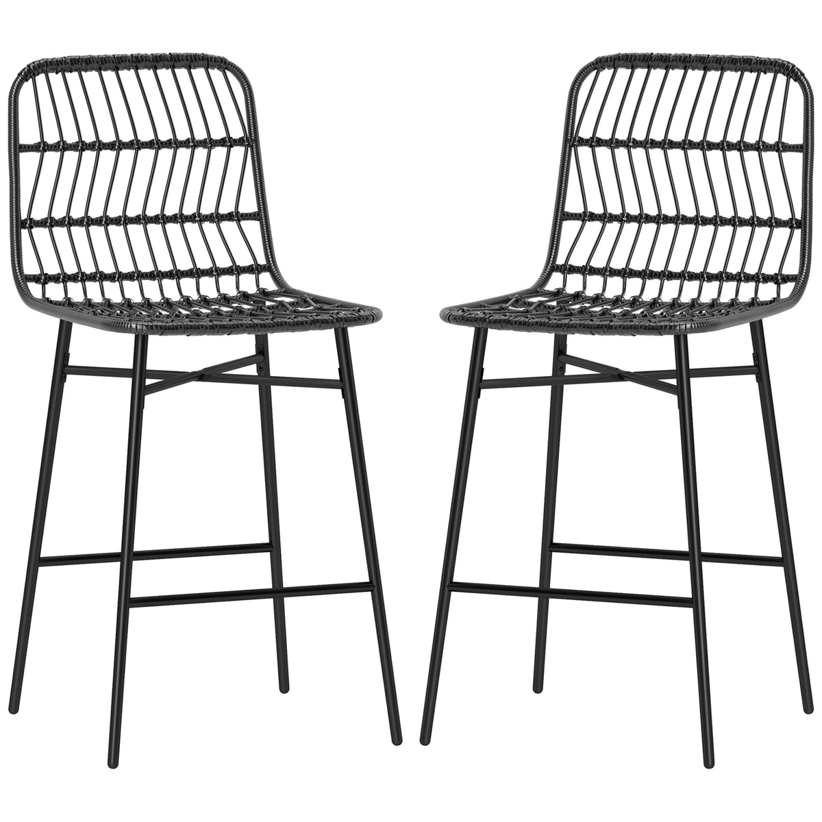 Rattan Counter Bar Stools Set of 2, 26" Counter Height Barstools with Back, Bar Chairs for Kitchen Island, Black