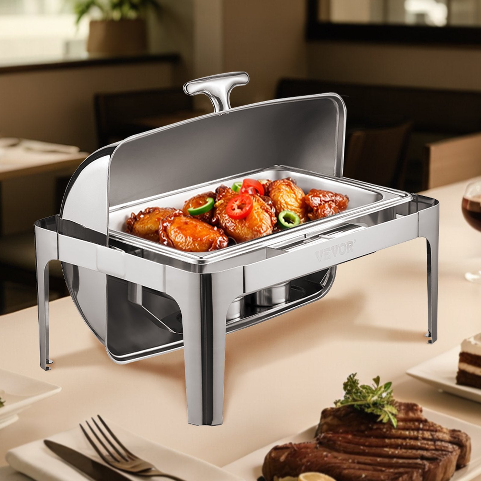9Qt Rectangle Roll Top Chafing Dish Set With Full-Size Pan Stainless Steel