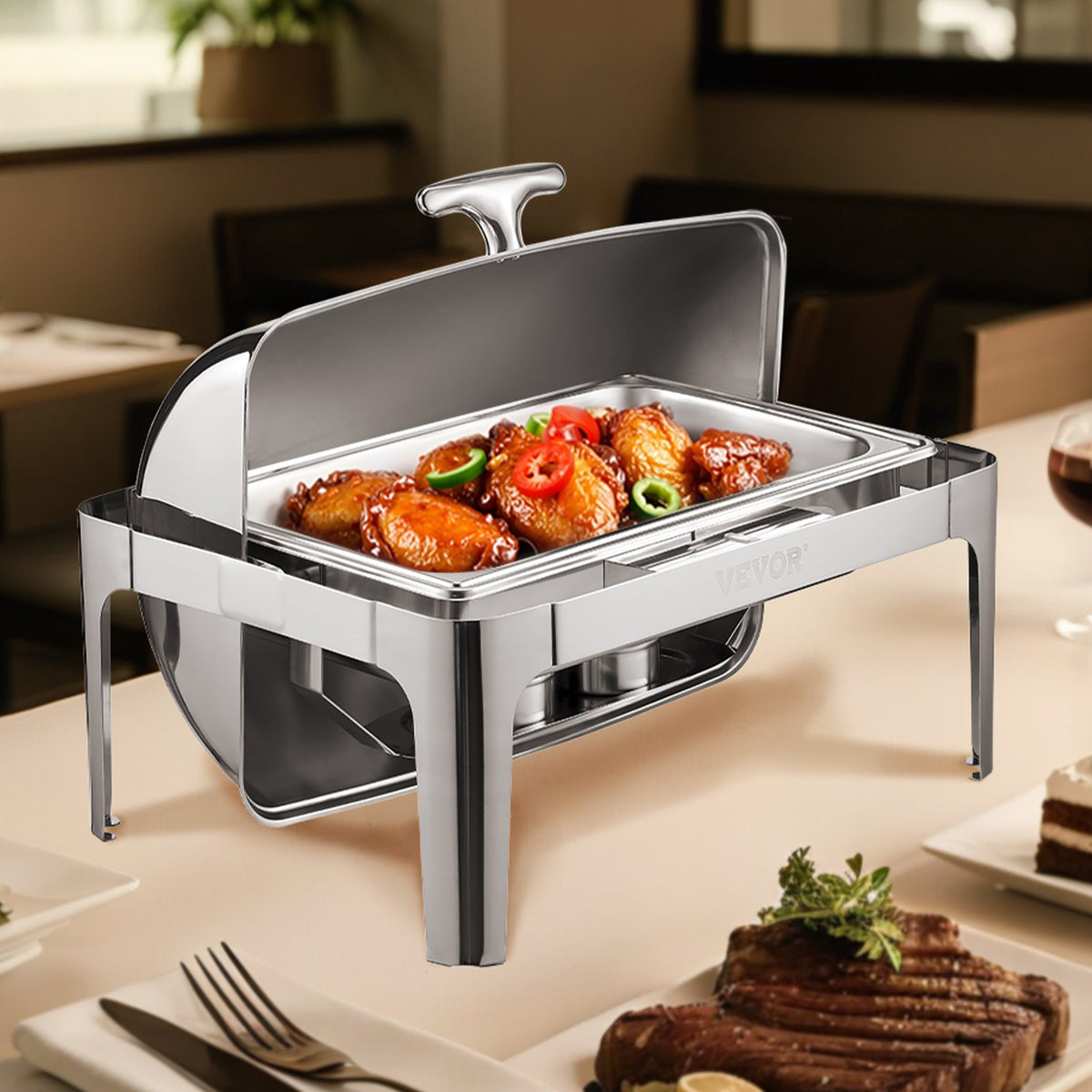 9Qt Rectangle Roll Top Chafing Dish Set With Full-Size Pan Stainless Steel