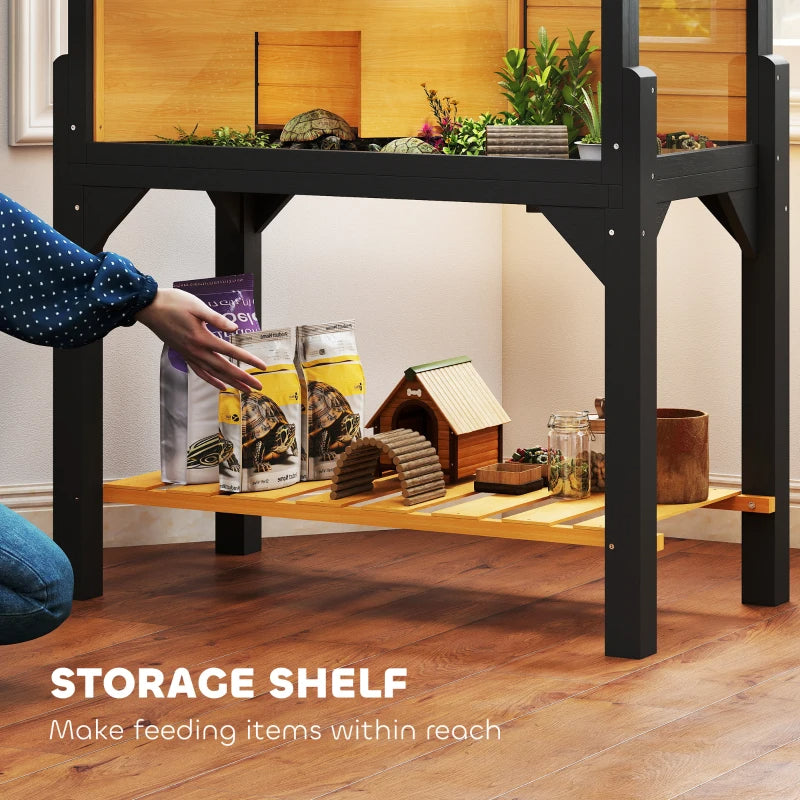 Wooden Tortoise Habitat With Storage Shelf, Tortoise Enclosure With Clear Windows, Openable Top, Lamp Holder, Yellow