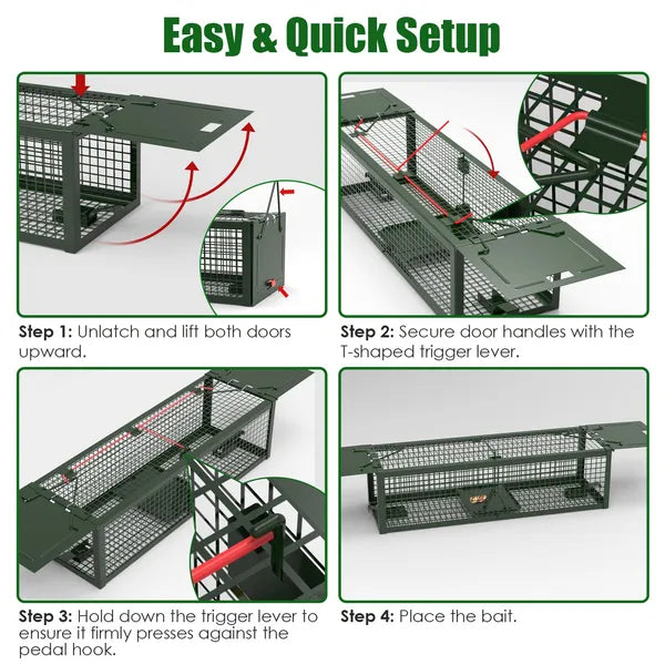 2Pack 15.35x4.72x3.94in 2-Door Humane Live Rat Trap Galvanized Iron Rodent Trap Cage Reusable For Home Garden Farm Warehouse