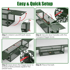 2Pack 15.35x4.72x3.94in 2-Door Humane Live Rat Trap Galvanized Iron Rodent Trap Cage Reusable For Home Garden Farm Warehouse