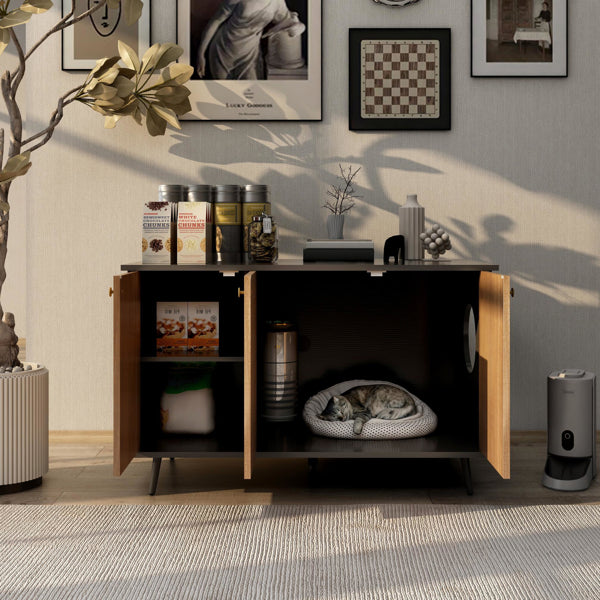 Litter Box Enclosure, Cat Litter Box Furniture With Hidden Plug, 3 Doors,Indoor Cat Washroom Storage Bench Side Table Cat House, Large Wooden Enclused Litter Box House, Black And Walnut