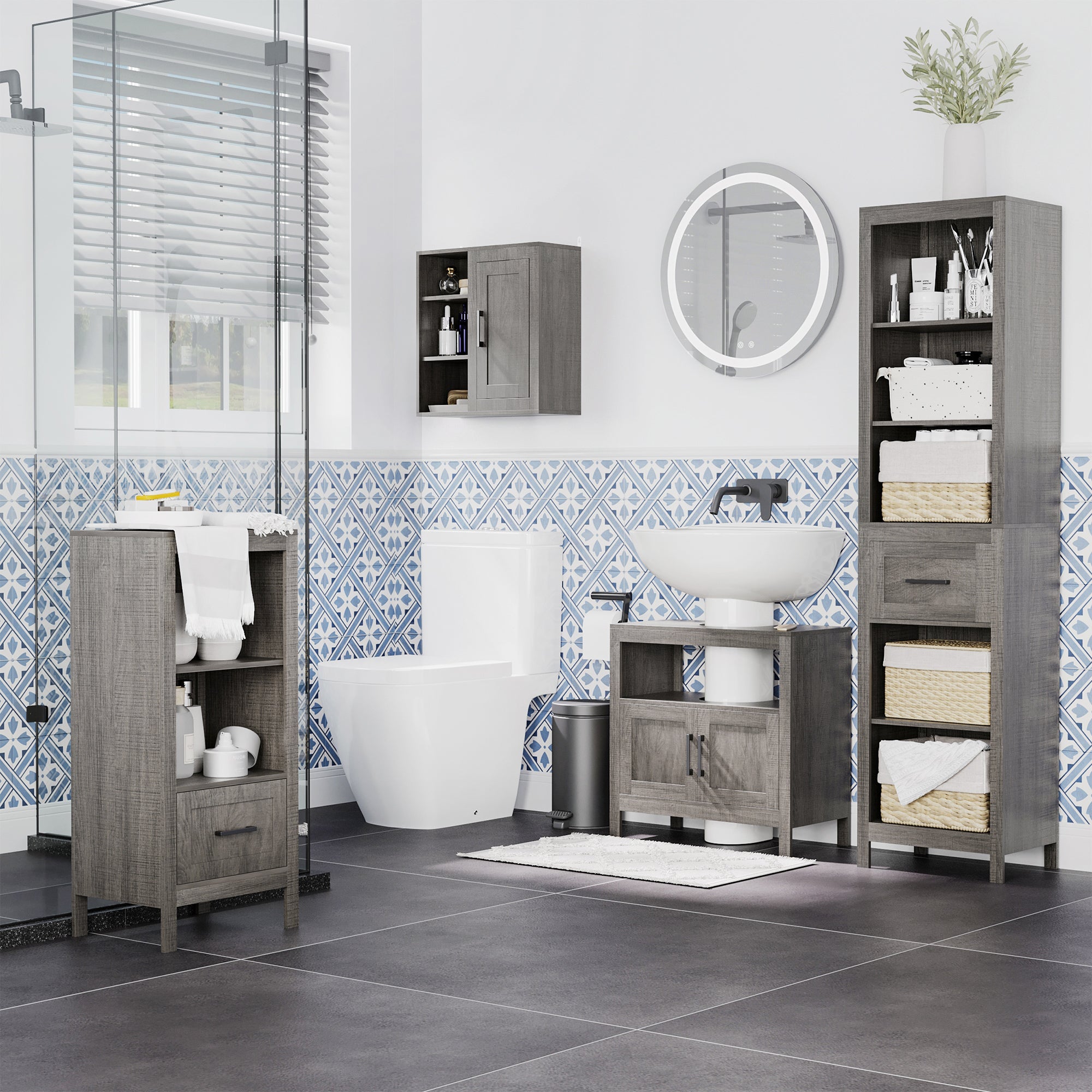 Pedestal Sink Storage Cabinet, Bathroom Under Sink Cabinet with 2 Doors and Open Shelf, Bathroom Vanity, Gray
