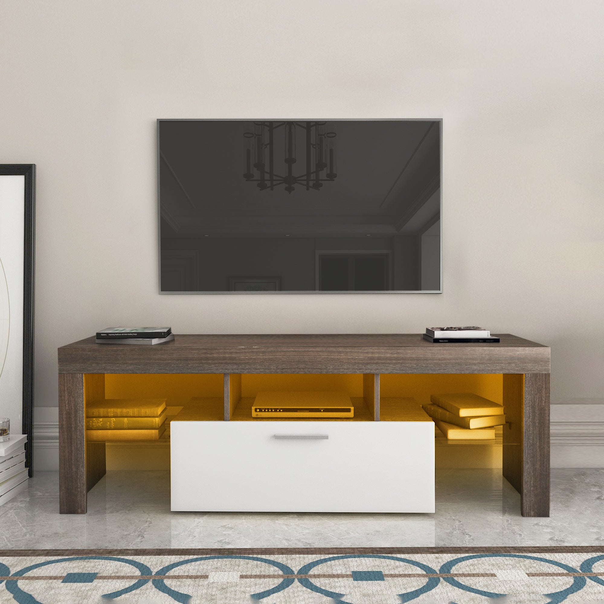 20 Minutes Quick Assembly Brown Simple Modern TV  Stand With The Toughened Glass Shelf Floor Cabinet Floor TV Wall Cabinet Brown  WhiteTV Bracket  With LED Color Changing Lights For Living Room