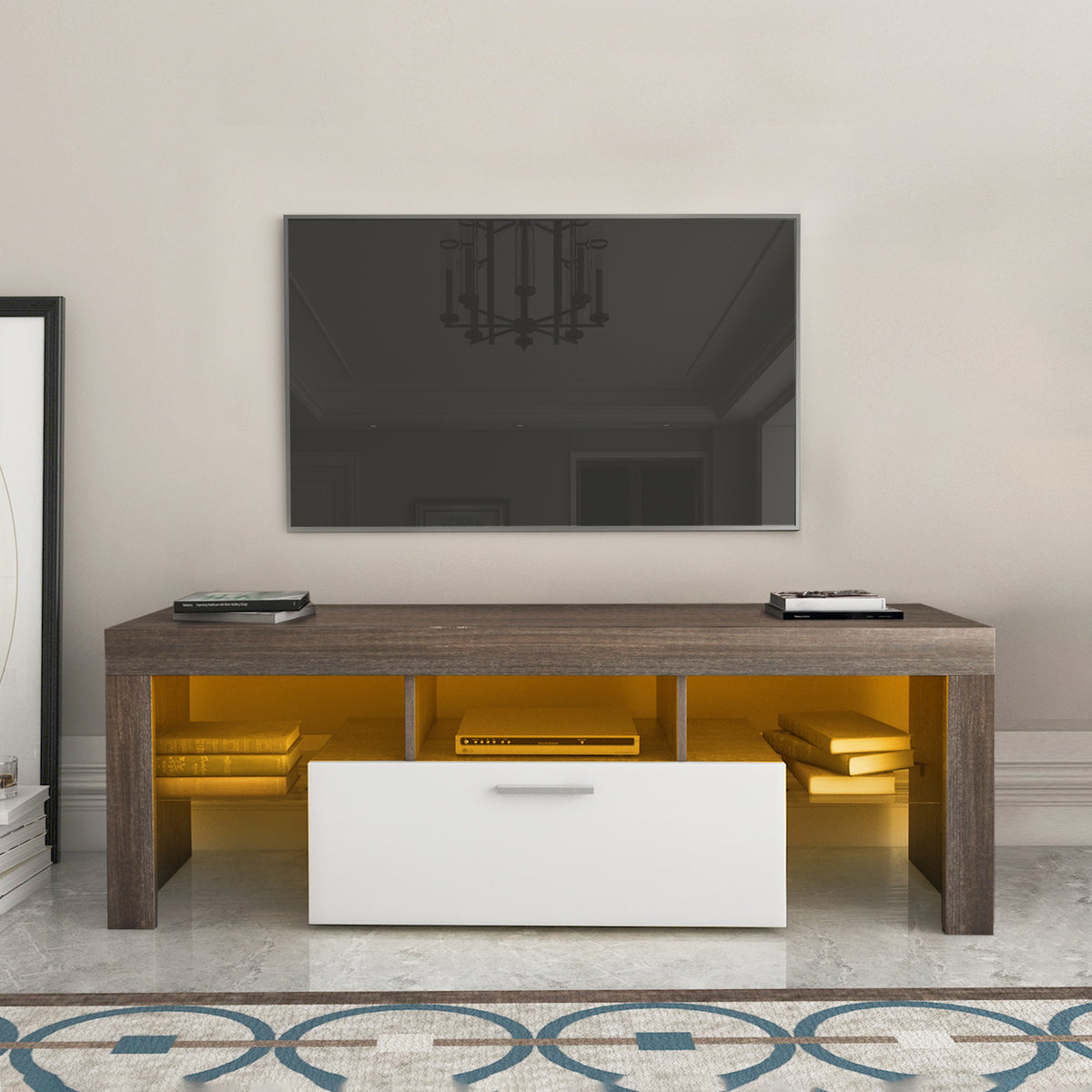 20 Minutes Quick Assembly Brown Simple Modern TV  Stand With The Toughened Glass Shelf Floor Cabinet Floor TV Wall Cabinet Brown  WhiteTV Bracket  With LED Color Changing Lights For Living Room