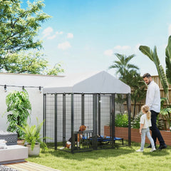 Outdoor Dog Kennel With Roof, Rotating & 4-Level Adjustable Bowls