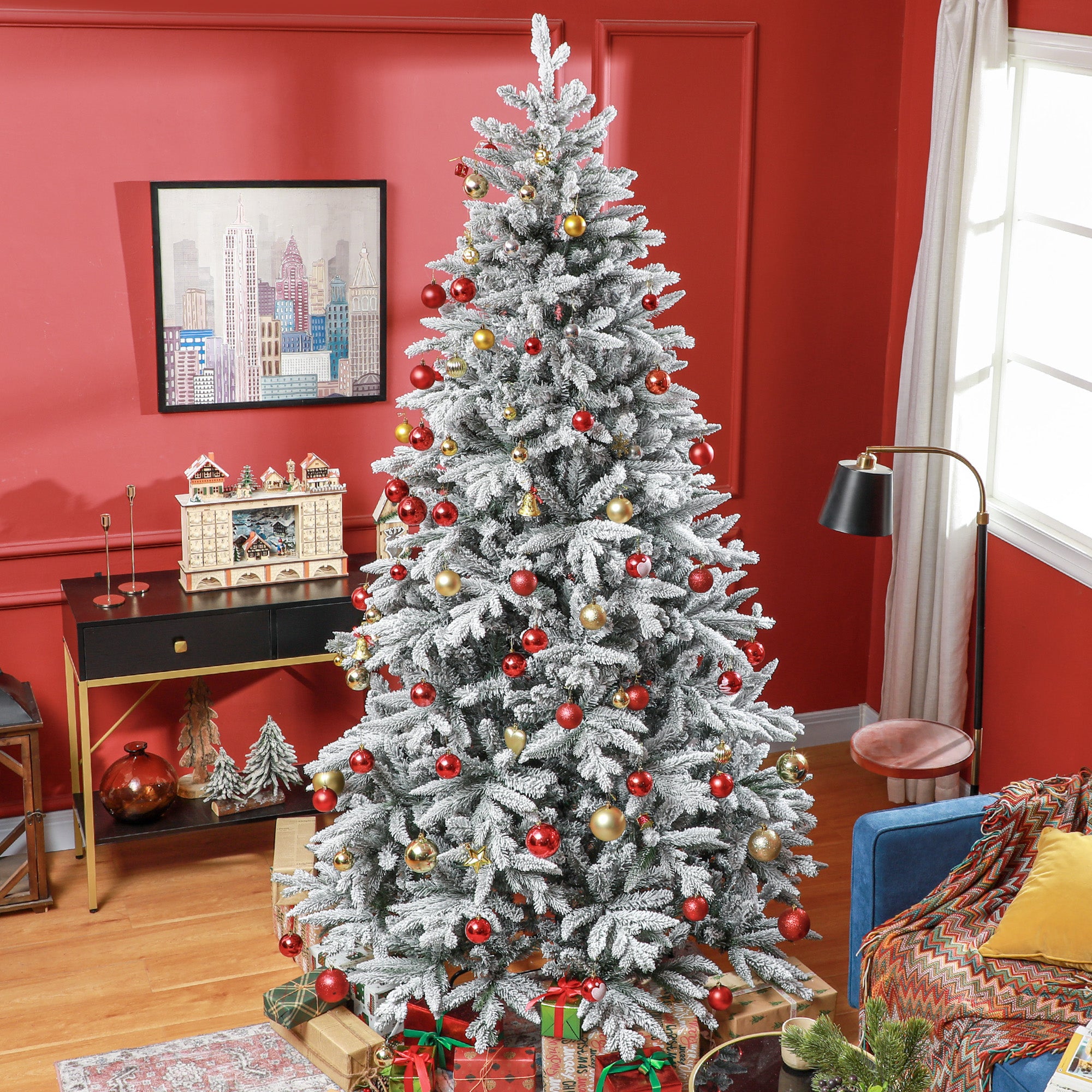 8ft Artificial Flocked Christmas Tree with Snow Tips, Easy Assembly, Hinged Xmas Tree for Home Office Holiday