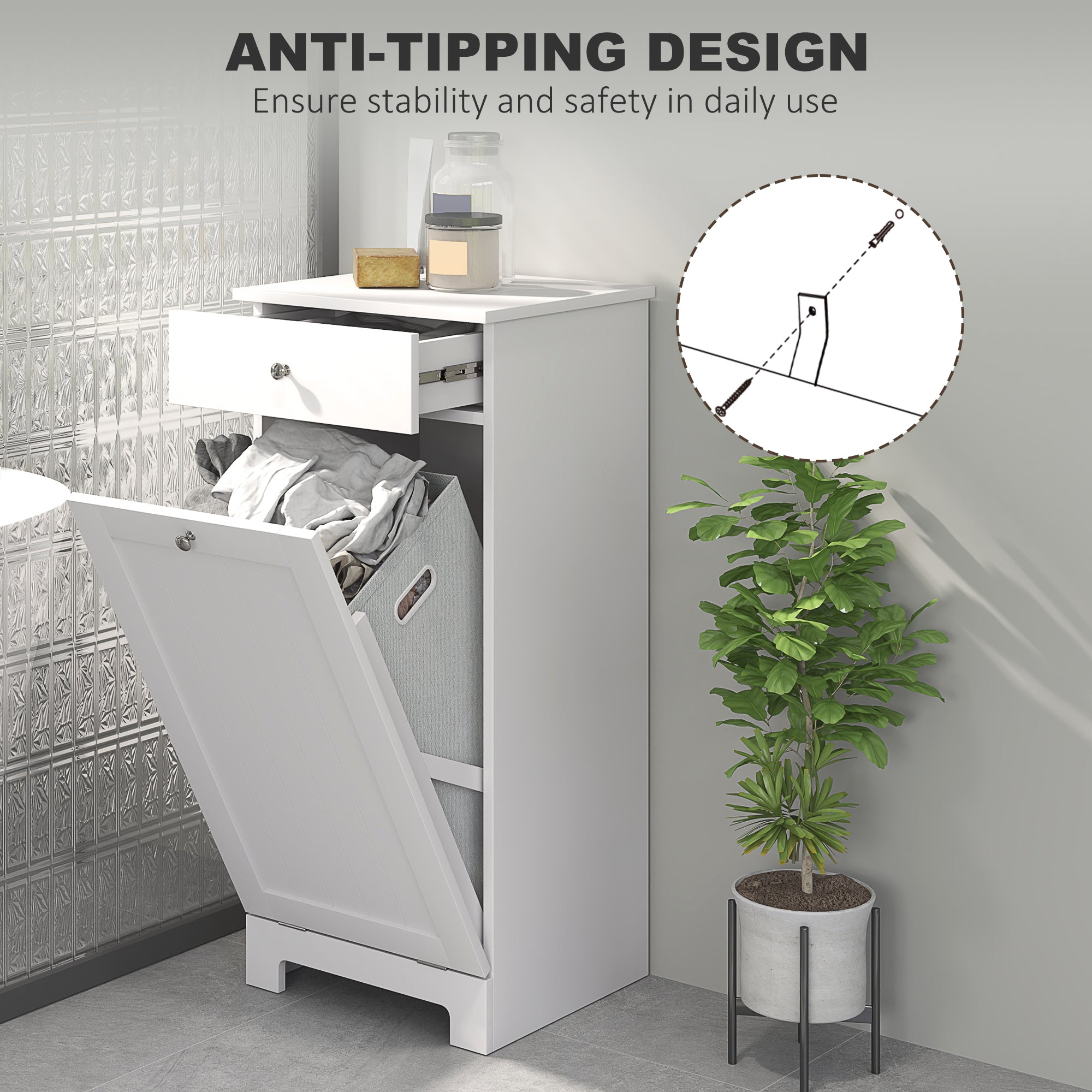 Laundry Hamper Cabinet, Laundry Cabinet with Tilt Out Laundry Basket and Drawer, White